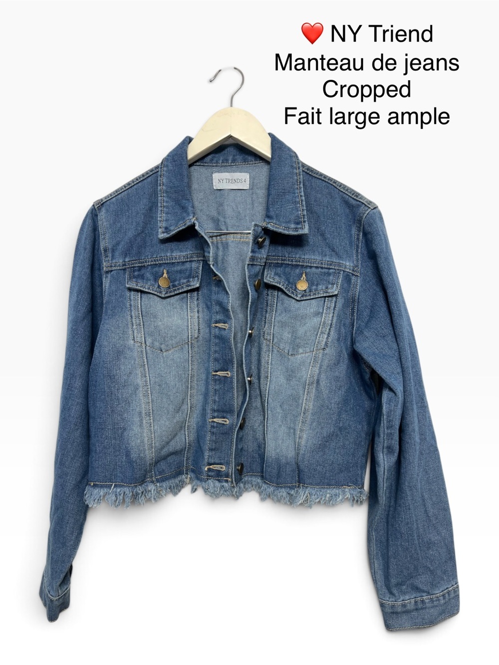 Cropped Blue Denim Jacket with Raw Frayed Hem